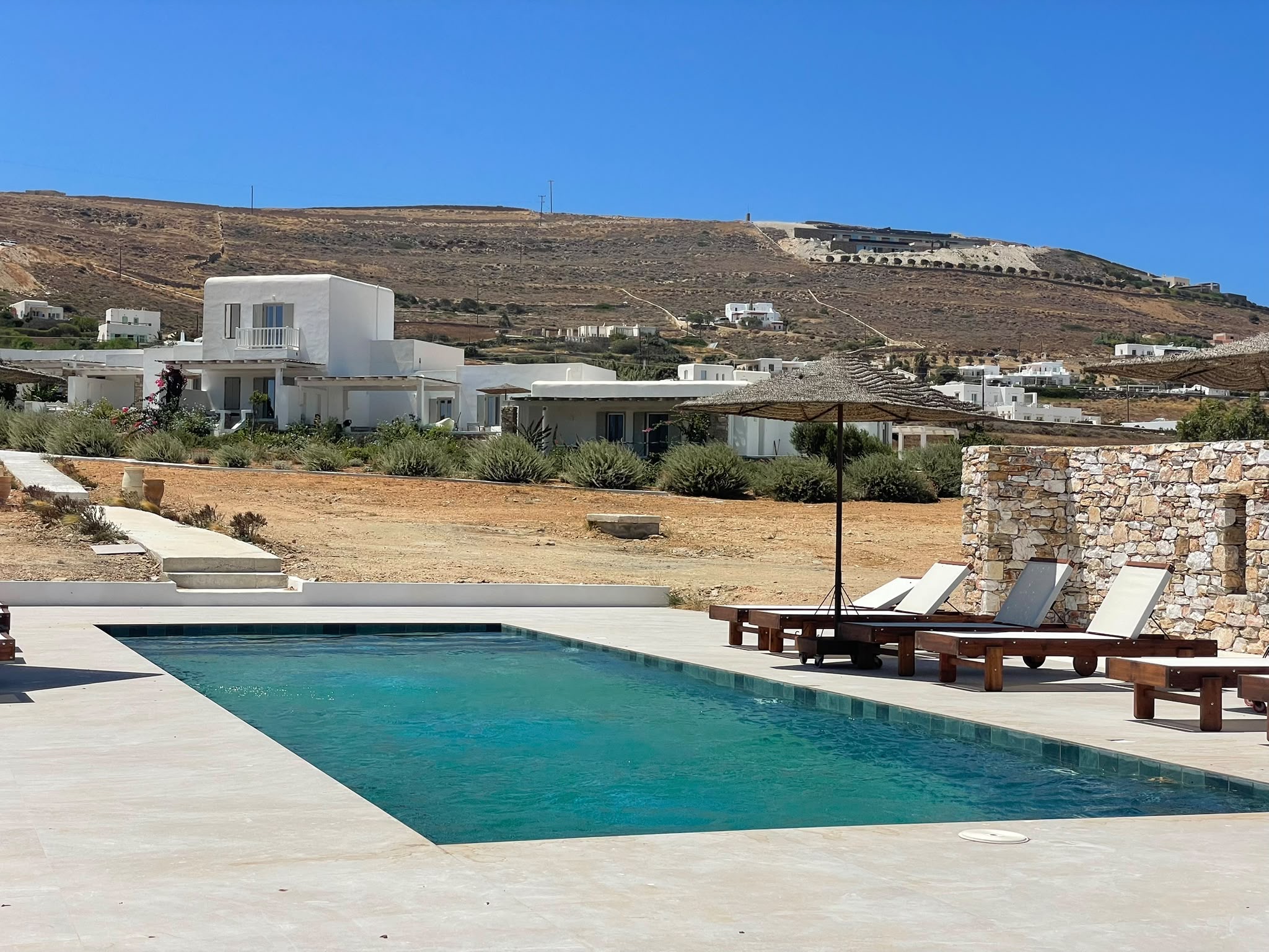 Pool aerial view with sea — Antiparos Houses